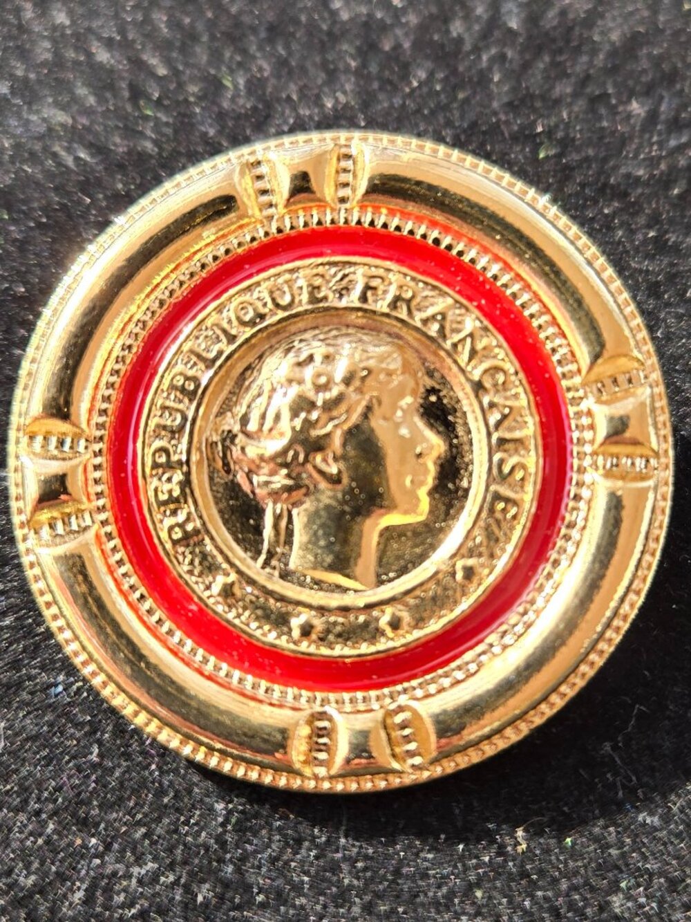 Vintage gold tone red enamel French Republic coin replica statement brooch